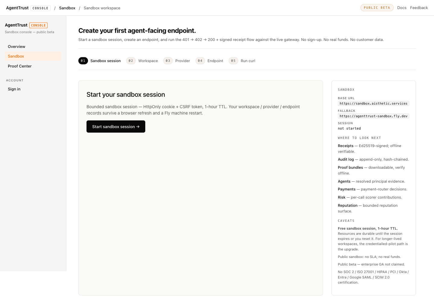 AgentTrust sandbox console, onboarding stepper showing the five-step flow (sandbox session → workspace → provider → endpoint → run curl).