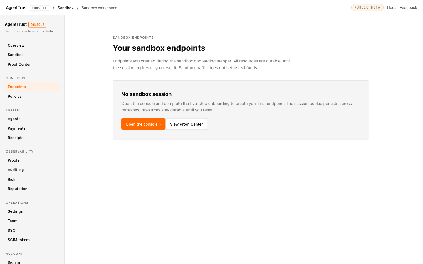 AgentTrust sandbox console, endpoints view showing the created endpoint card with slug, provider slug, gateway URL, and the three sandbox curl blocks.