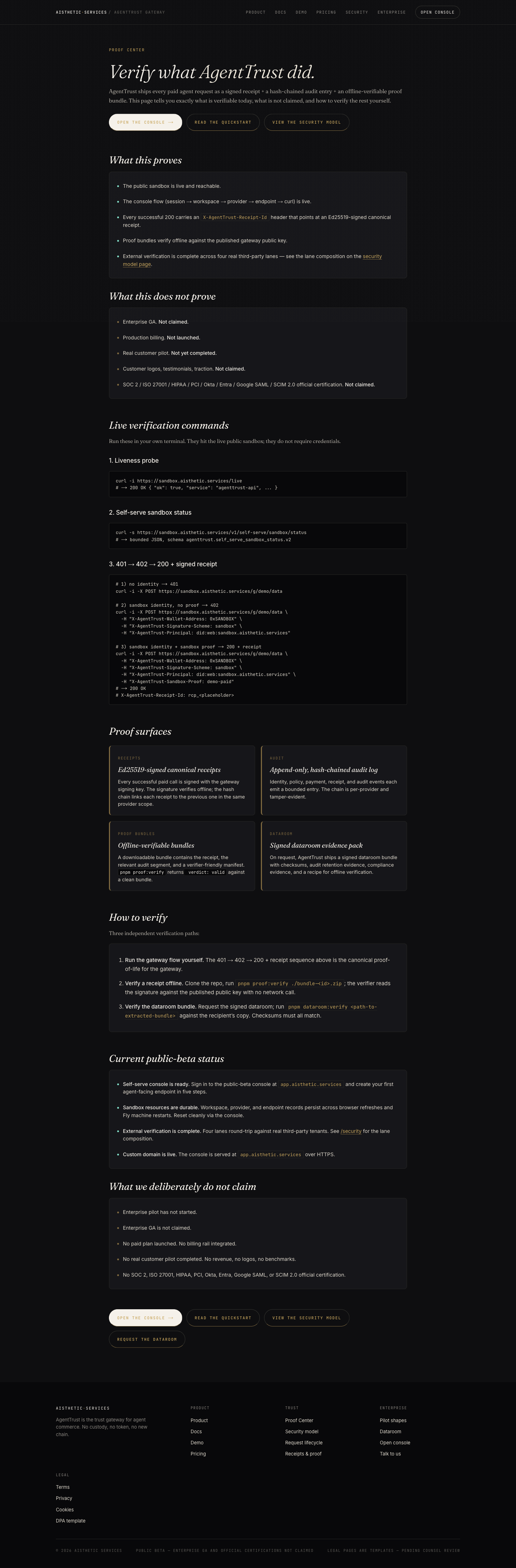 AgentTrust Proof Center, the public verifier landing showing receipts, hash-chained audit, downloadable proof bundles, and the offline verification recipe.